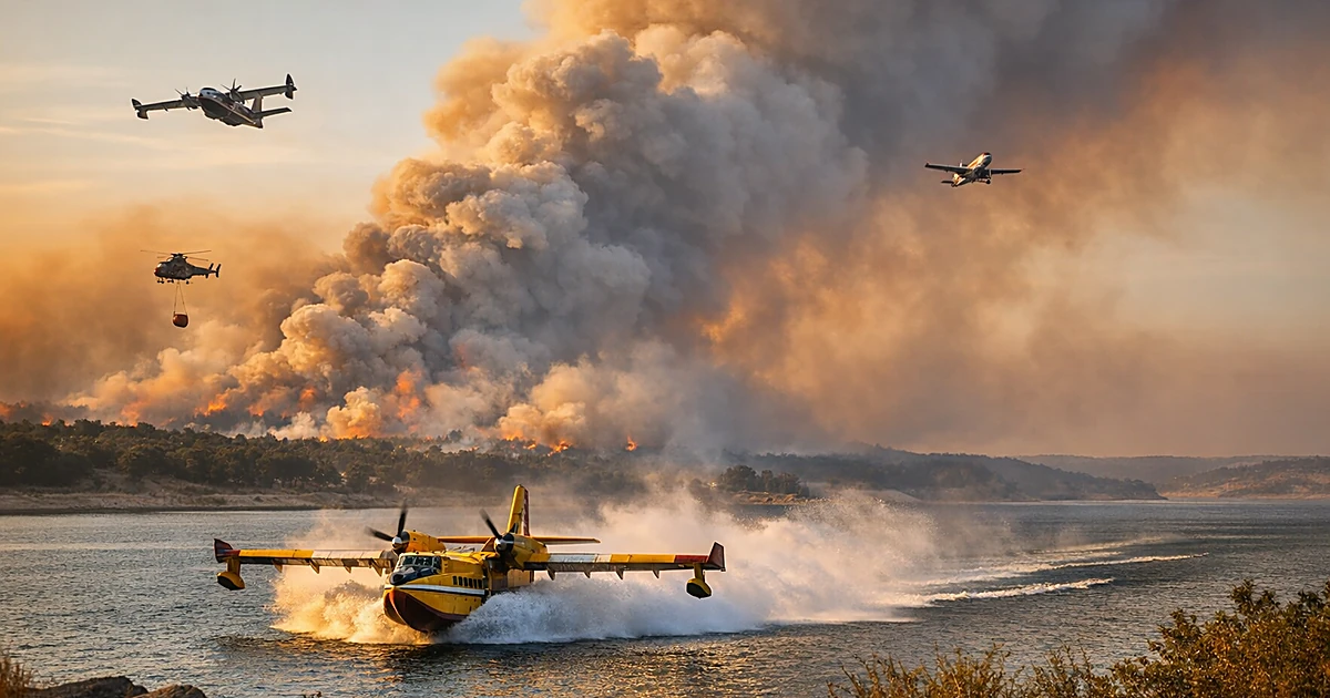 Firefighting aircraft scooping water from reservoir with wildfire smoke visible in distance at dusk