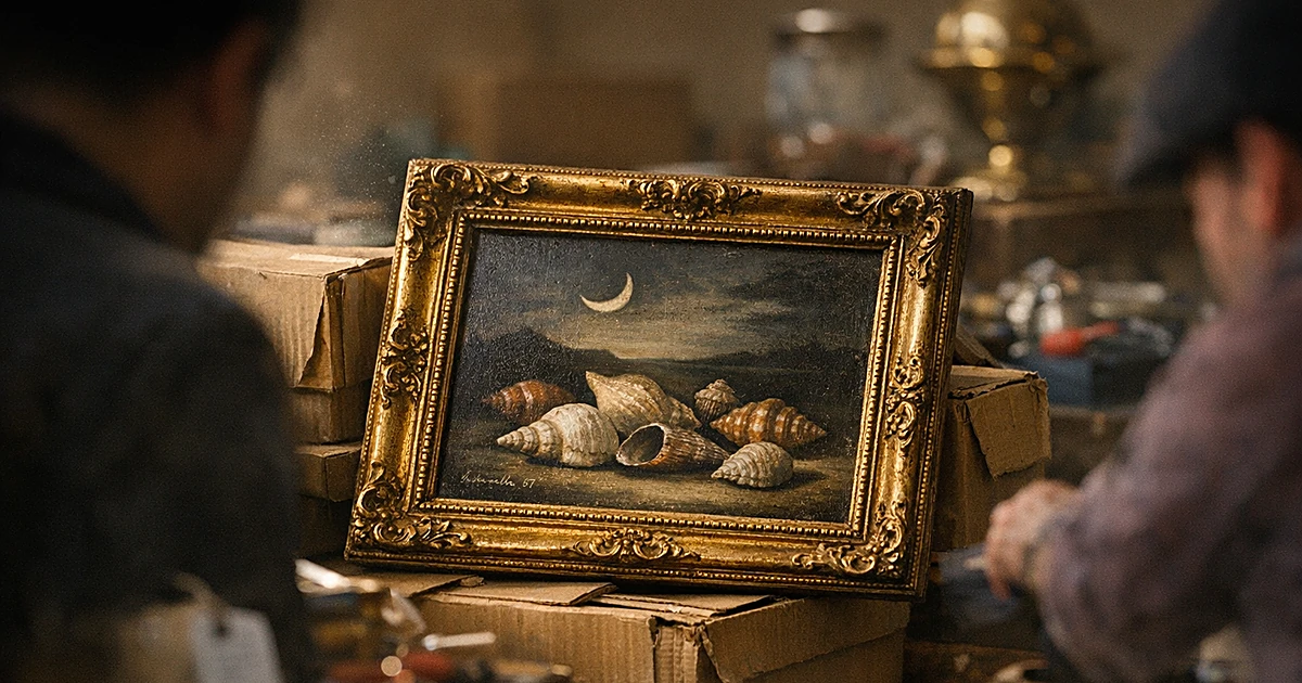 Ornate gilded picture frame leaning against boxes at estate sale with soft bokeh background