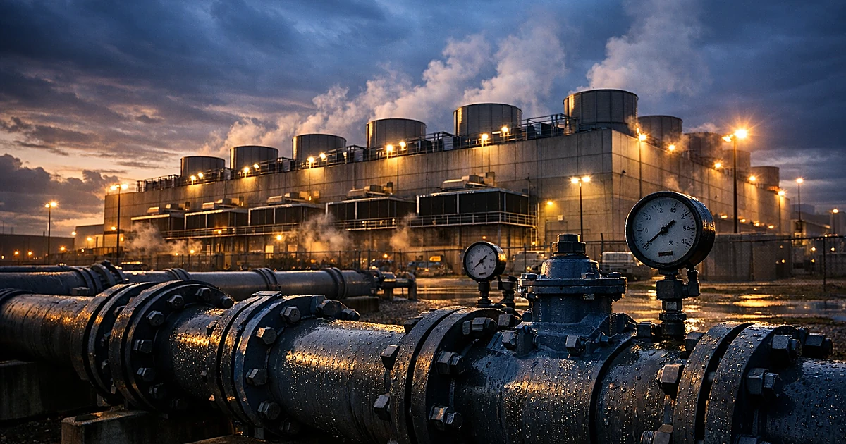 Industrial data center facility with prominent water cooling infrastructure and pipes at dusk