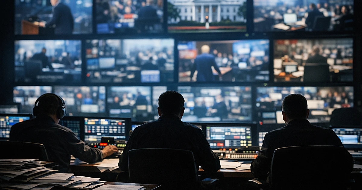 Silhouetted figures in a television news control room with glowing monitors and scattered scripts on desk