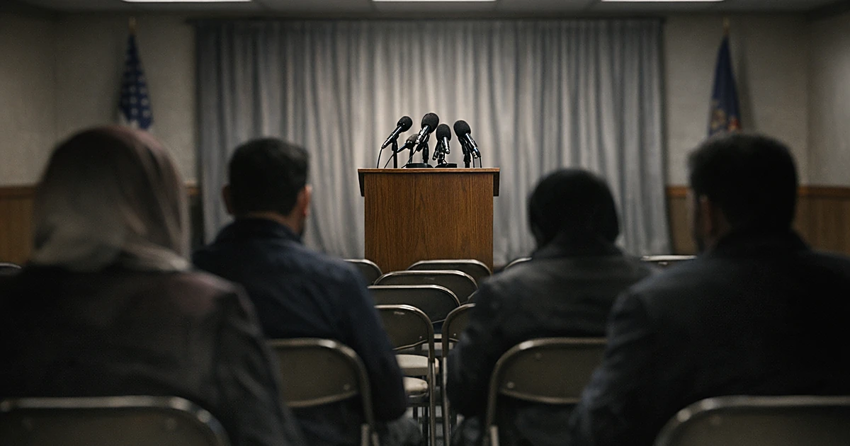 Empty community center meeting room with folding chairs, podium with microphones, and silhouetted figures from behind