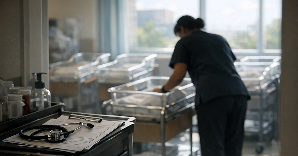 Nurse silhouette attending to hospital bassinet in maternity ward with natural window light