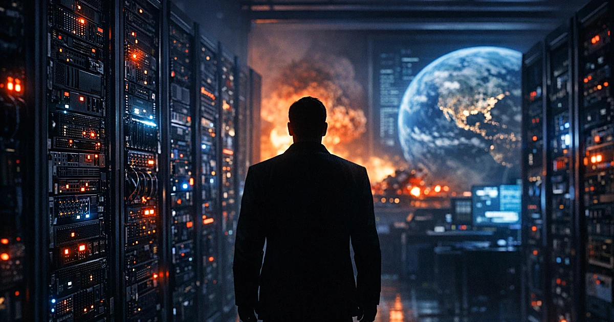 Silhouetted person standing before rows of illuminated server racks in dark data center with warning lights