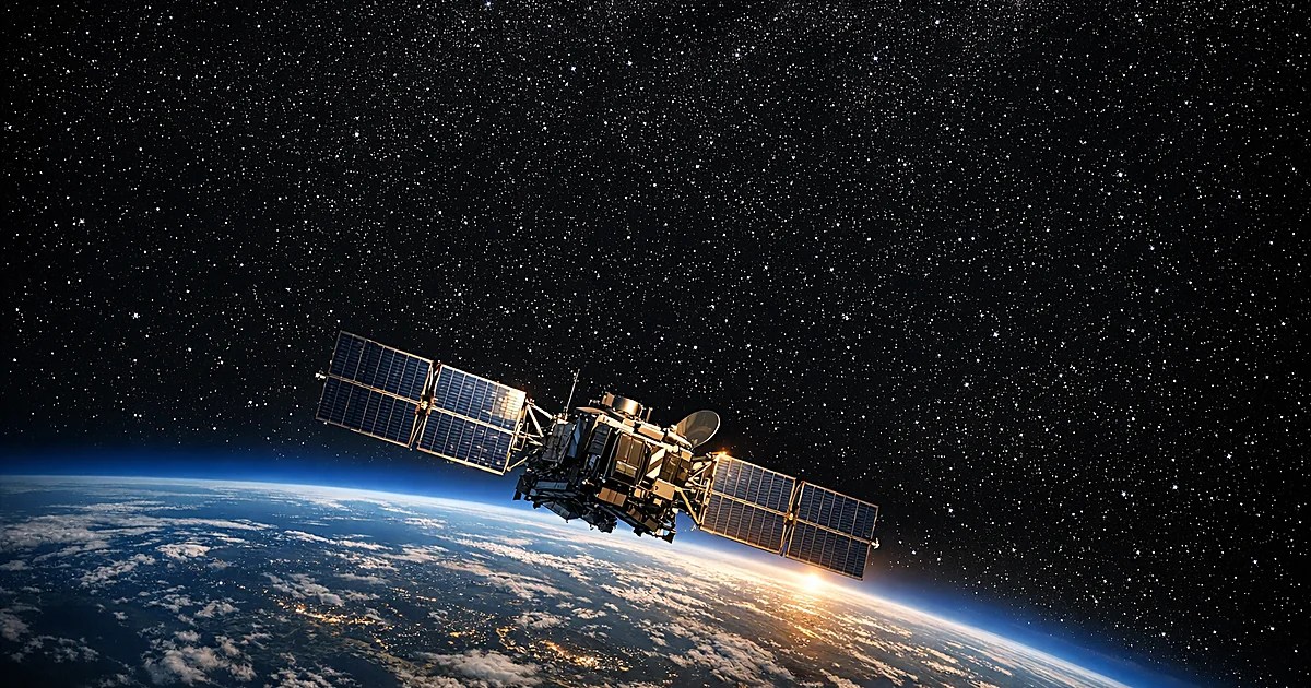 Military satellite in Earth orbit with extended solar panels against space and planet curvature below