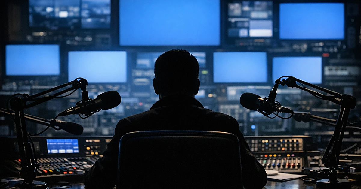 Silhouetted figure at broadcast console surrounded by microphones and glowing monitors in studio control room