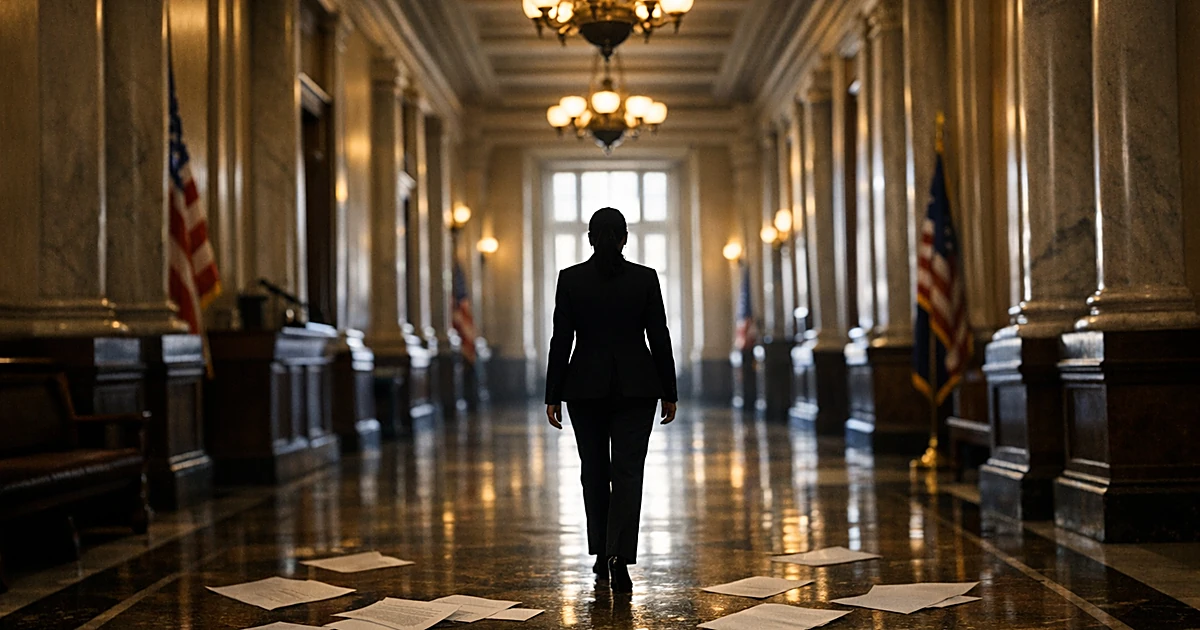 Silhouetted figure walking away down empty congressional corridor toward bright windows