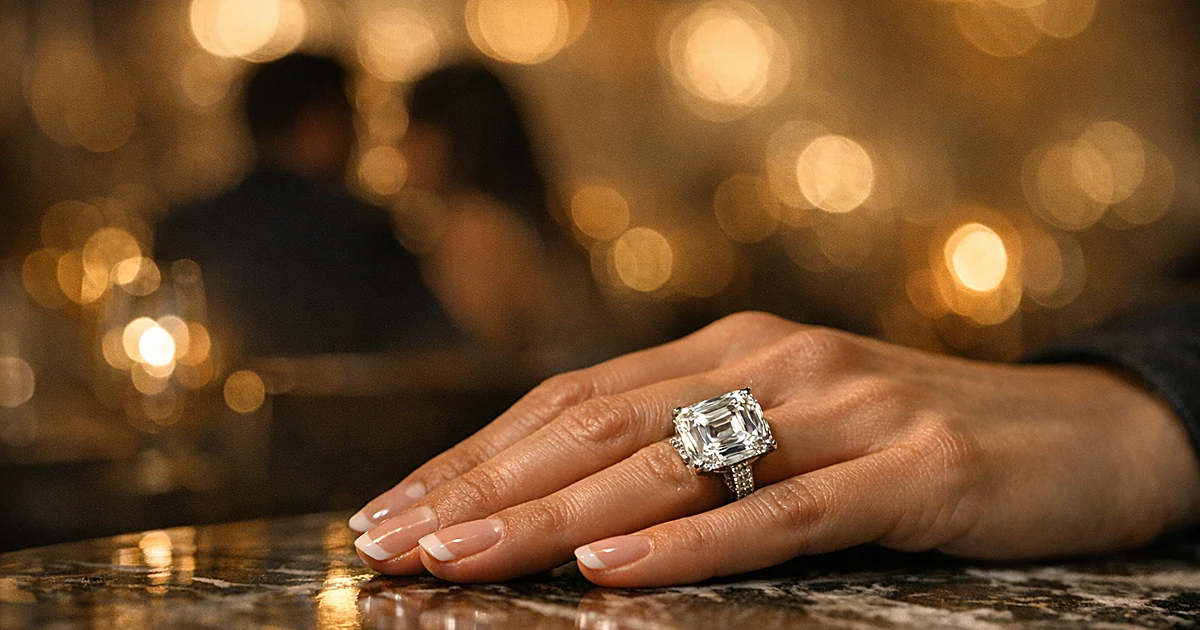 Close-up of hand wearing large diamond engagement ring on marble surface in upscale restaurant setting