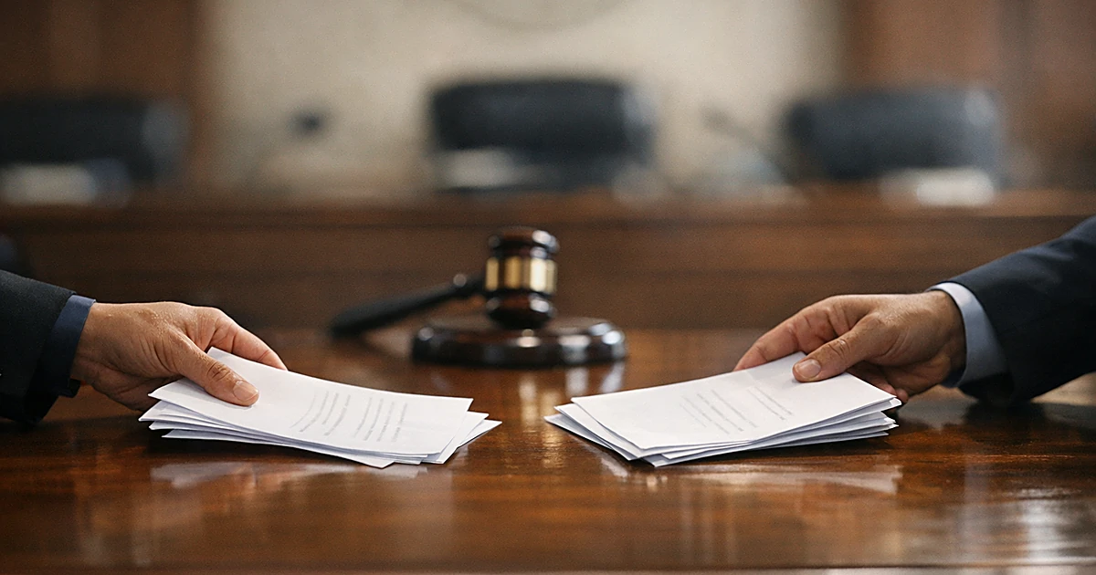 Legal documents being exchanged across a courtroom table by two parties in silhouette