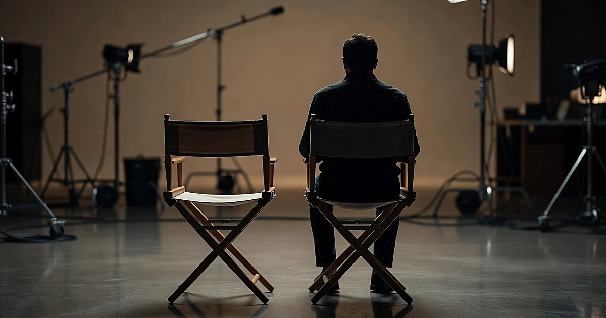 Empty director's chair on film set with silhouetted figure waiting in adjacent chair amid production equipment