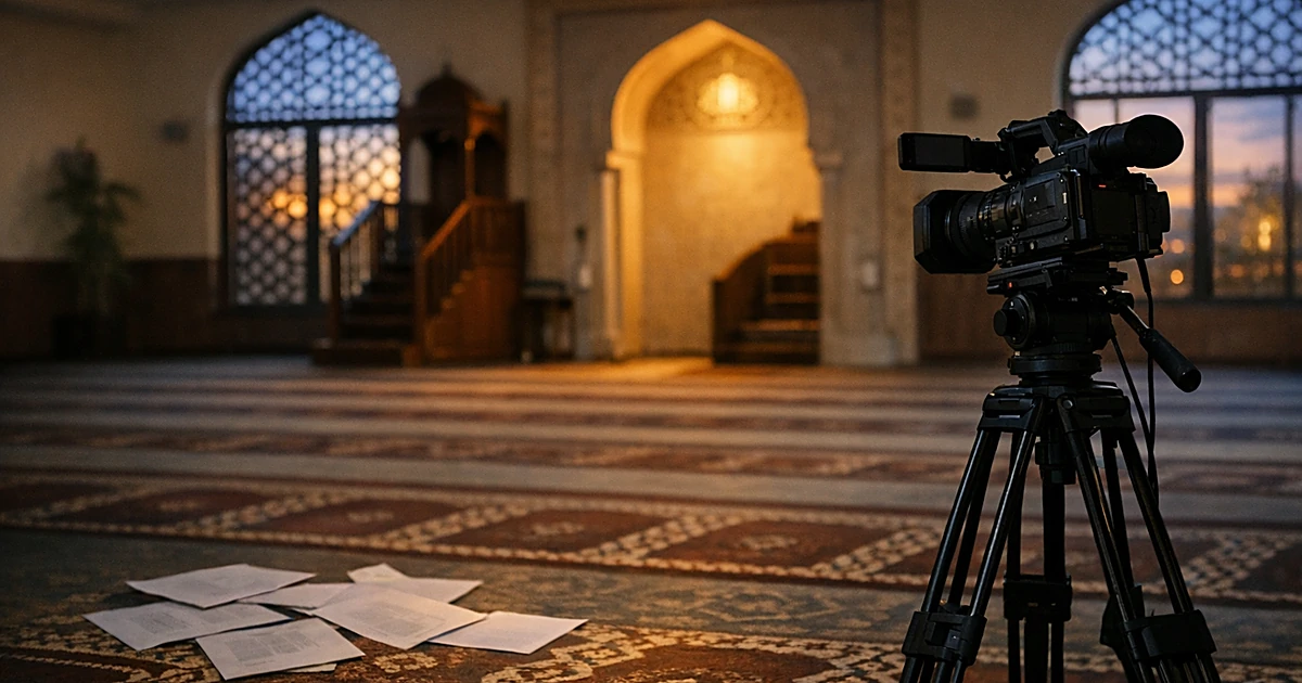 Empty mosque prayer hall with abandoned video camera on tripod in foreground, geometric window light at dusk