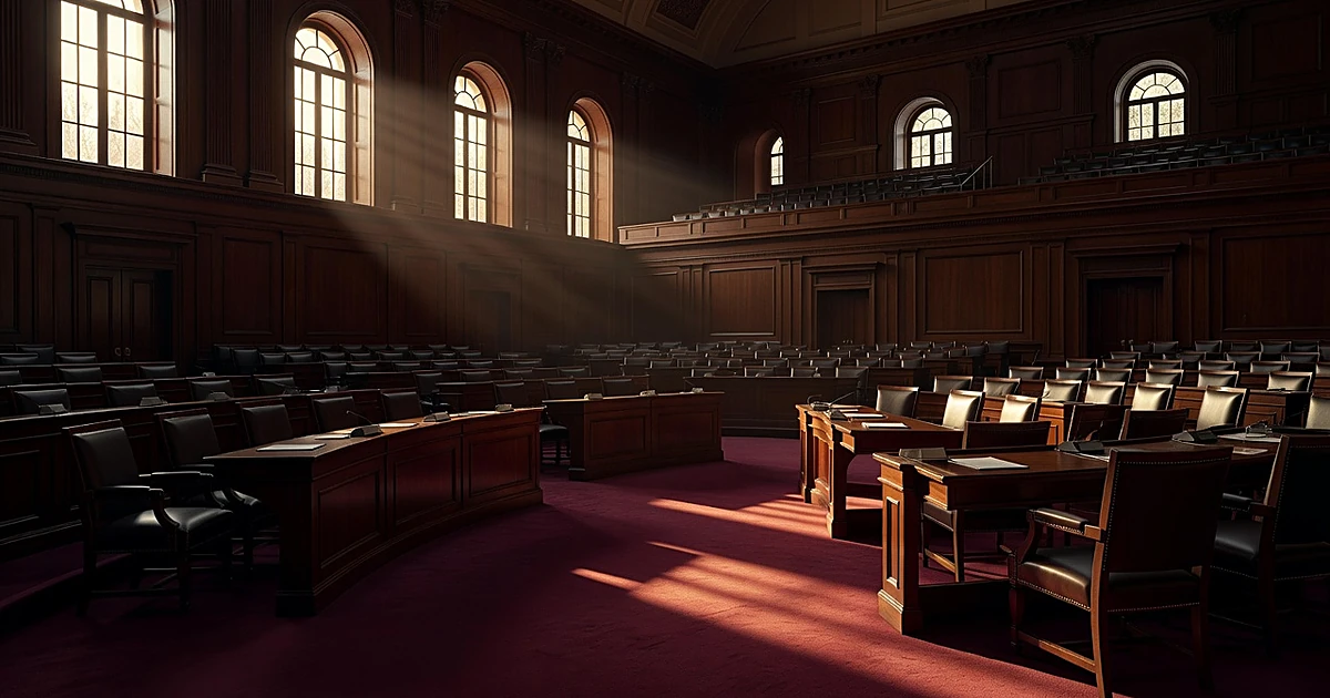 Empty congressional chamber with scattered papers on desks, dramatic side lighting through tall windows at dusk