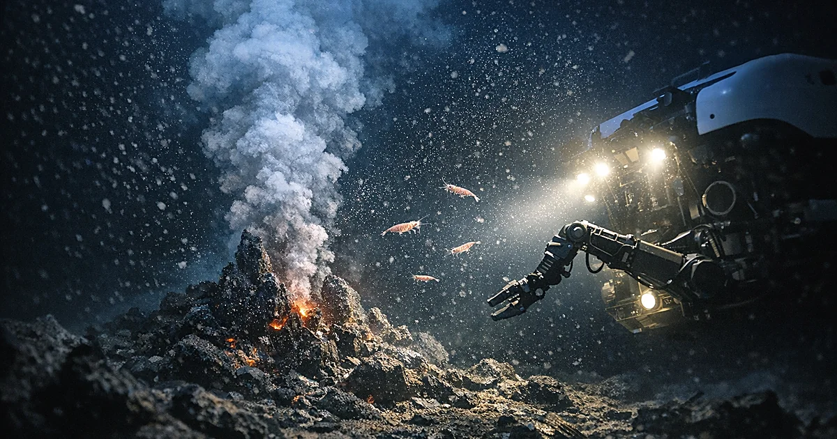 Remotely operated submarine illuminating a hydrothermal vent on the deep ocean floor with billowing heated water