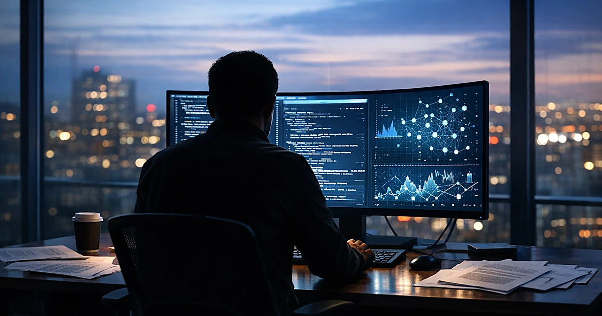 Silhouetted software developer working at computer workstation with glowing code displays in modern tech office