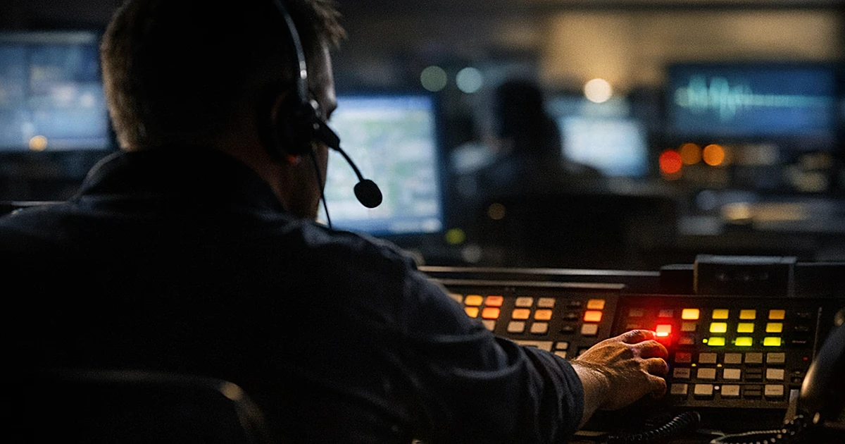Emergency dispatcher silhouette reaching toward illuminated phone console in dark dispatch center