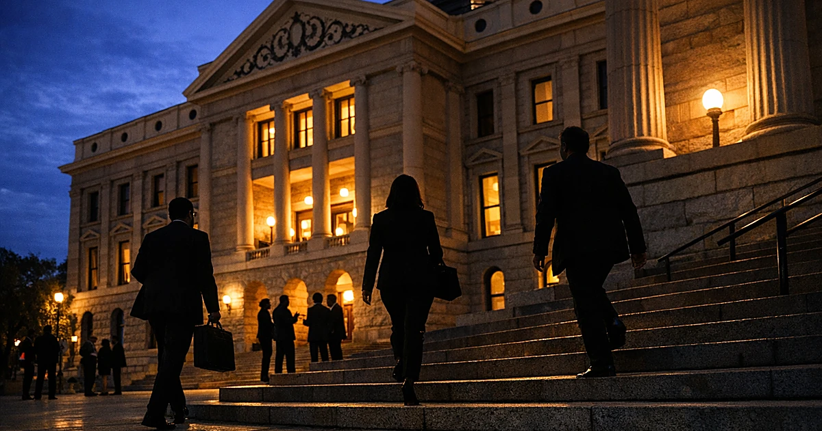 Silhouetted figures on state capitol steps at dusk with columned government building