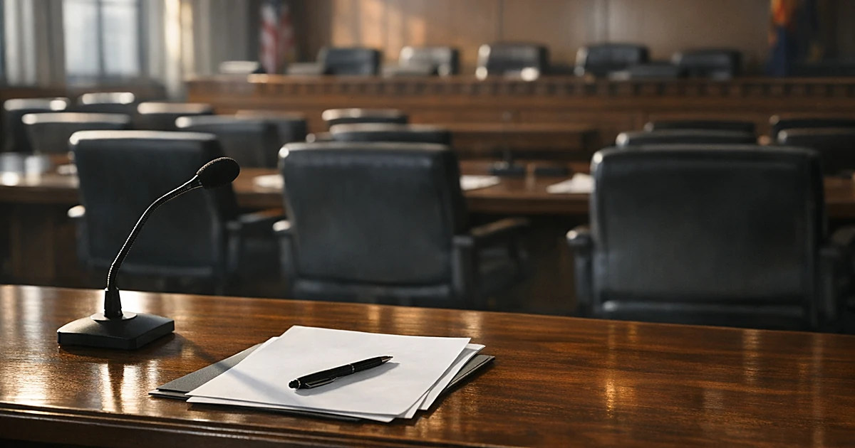 Empty Arizona legislative hearing room with witness table, microphone, and blank subpoena document awaiting testimony