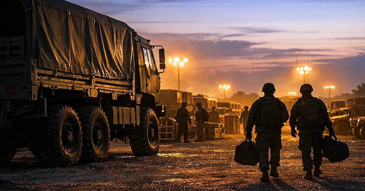 Military transport vehicles and silhouetted soldiers in staging area at dusk preparing for deployment
