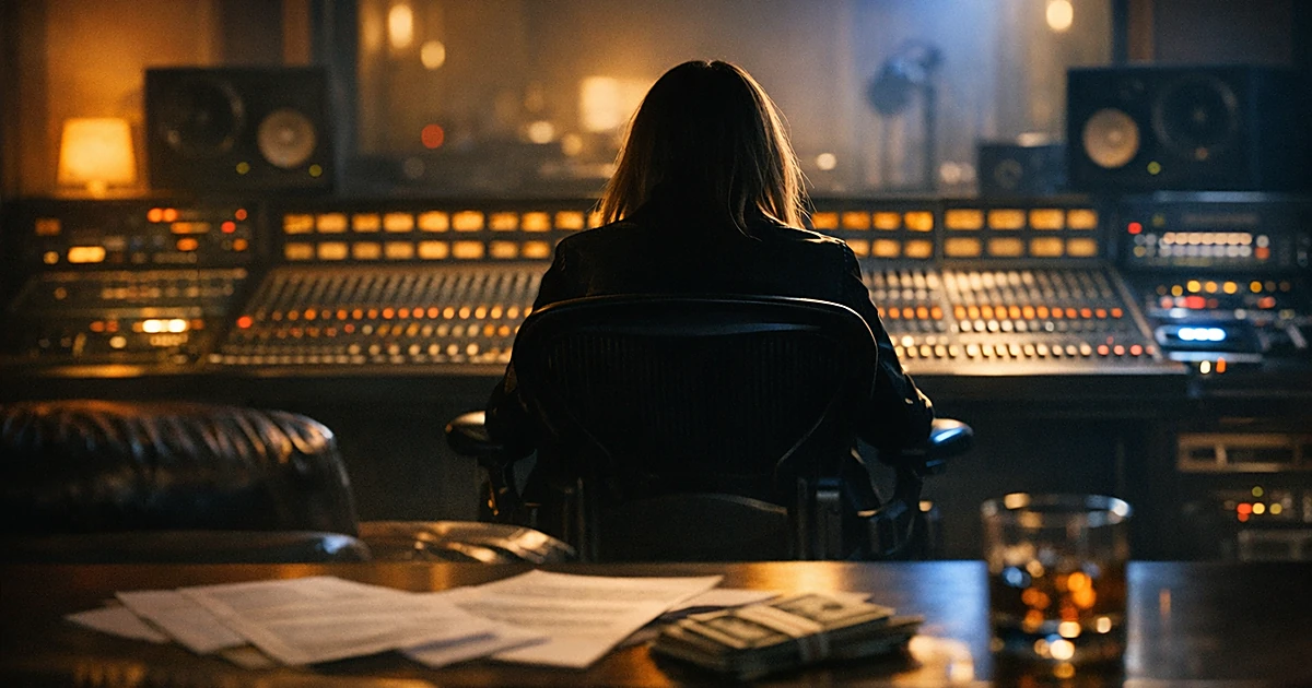 Silhouetted figure at recording studio mixing console with contracts on table in foreground