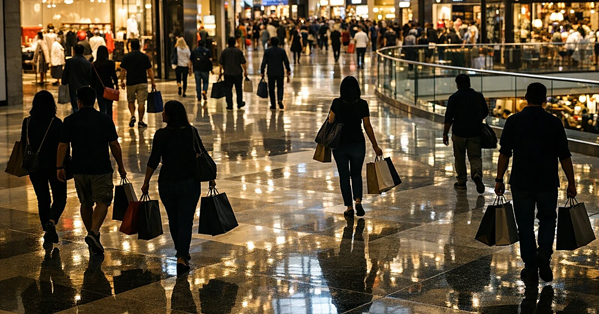 Silhouetted shoppers with bags moving through brightly lit shopping mall interior with reflective floors