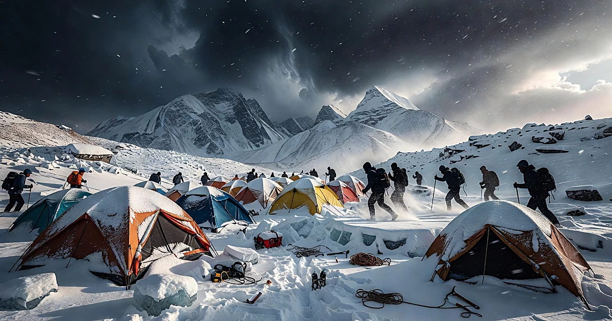 Himalayan base camp with scattered tents and equipment in snow after avalanche, rescue silhouettes in distance