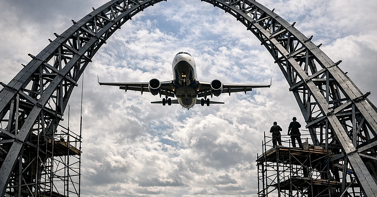 Commercial aircraft on final approach descending over steel arch construction framework below flight path