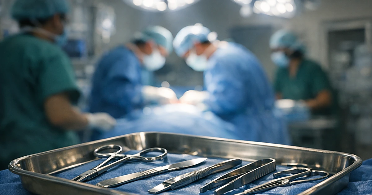 Surgical instruments on tray in emergency operating room with medical staff silhouettes working in background