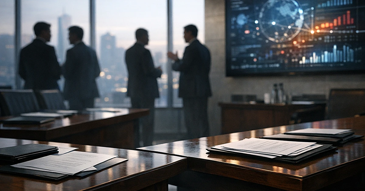 Conference room with documents on tables and silhouetted diplomats near windows with city skyline at dusk
