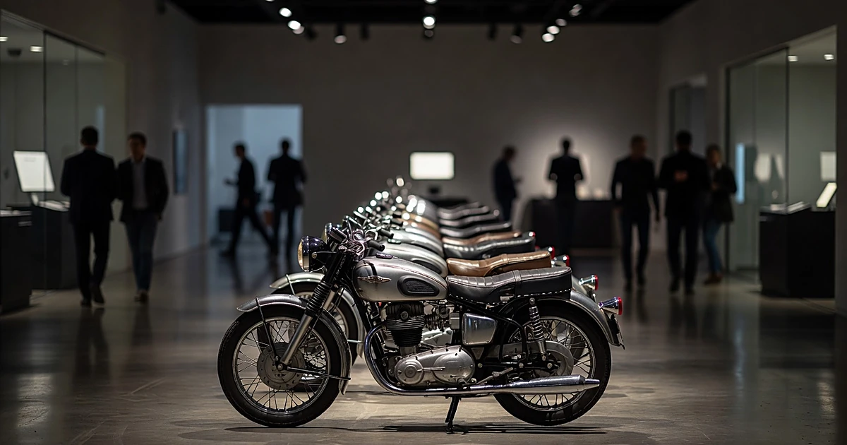 Vintage motorcycles lined up in auction house showroom with dramatic lighting on chrome and leather details
