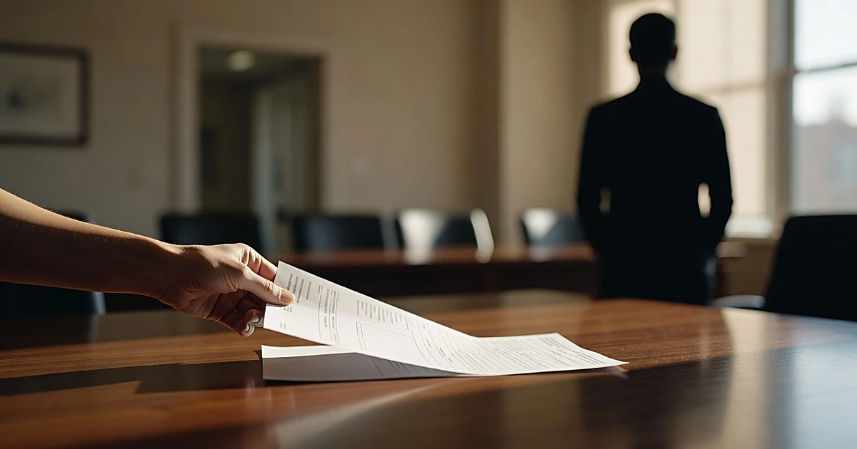 Hand sliding voter registration form across wooden table with silhouetted figure in background