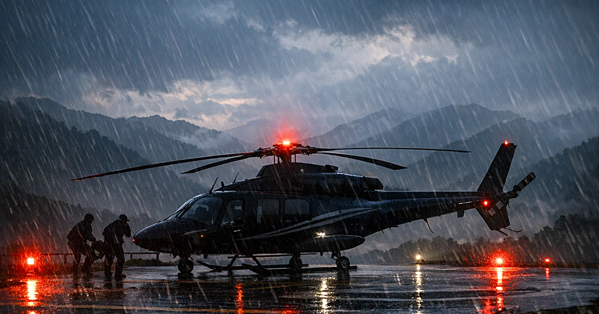 Helicopter silhouetted on mountain helipad during heavy rainstorm with emergency lights reflecting on wet ground