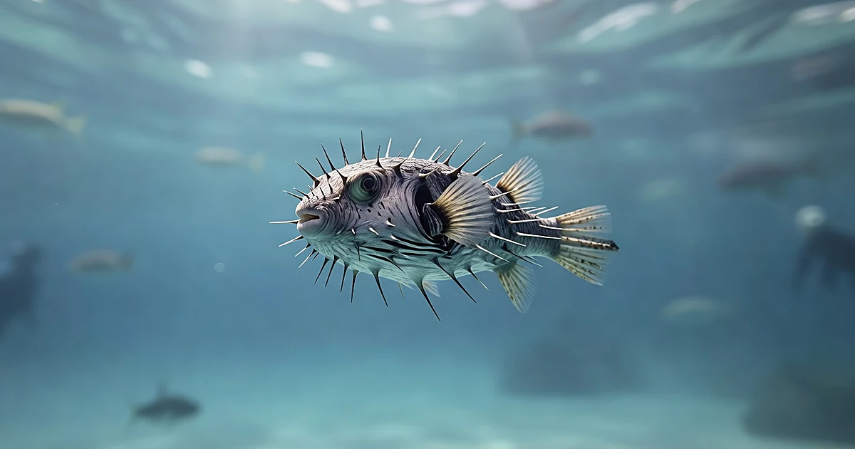Pufferfish with spines extended swimming in clear turquoise Mediterranean water