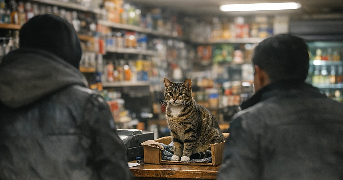 Tabby cat sitting on bodega counter near cardboard bed with store shelves in background