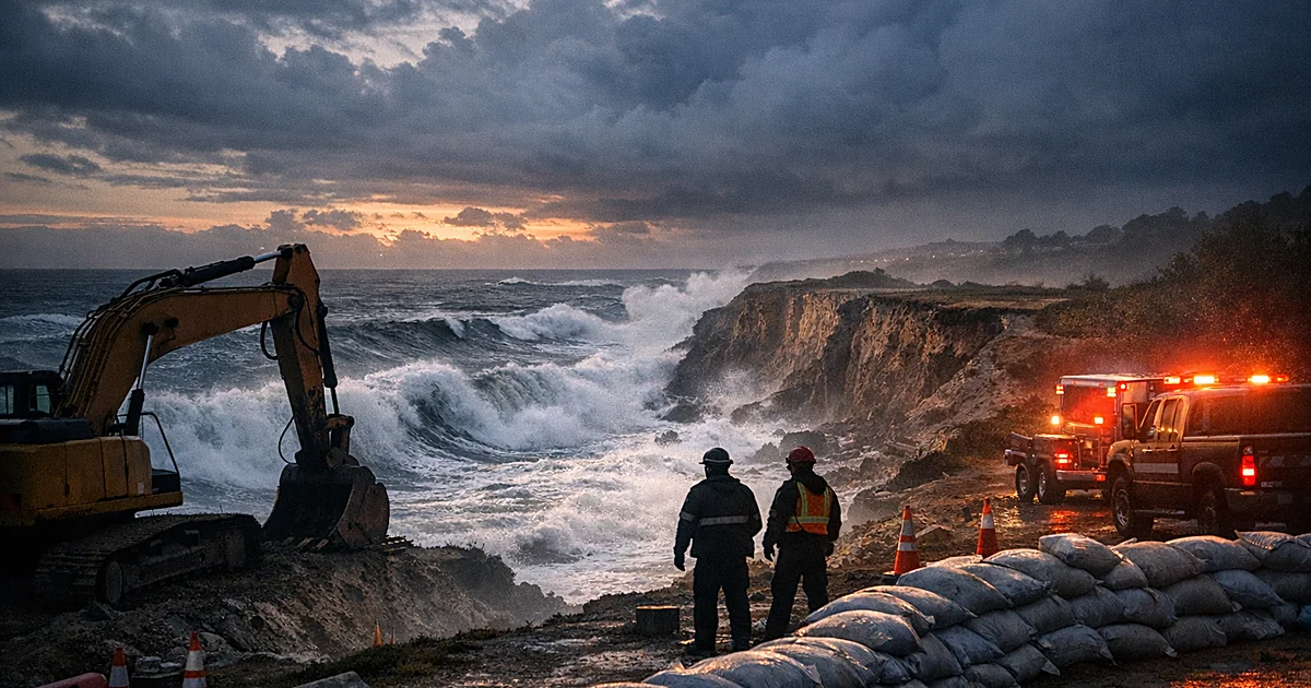Storm waves crash against California coastal cliffs with emergency equipment staged above during El Ni&ntilde;o preparation