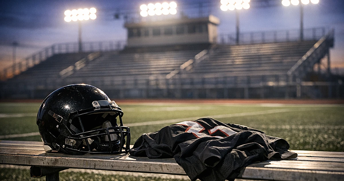 Empty high school football stadium at dusk with abandoned helmet and jersey on sideline bench