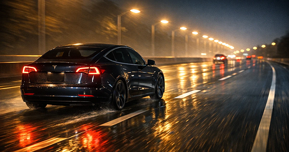 Tesla sedan driving on empty California highway at night with motion-blurred road lines and amber overhead lighting