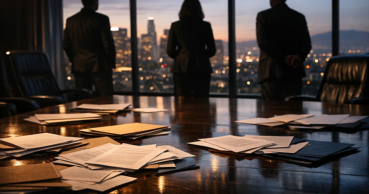 Corporate boardroom table with scattered documents and silhouetted figures against city windows at dusk