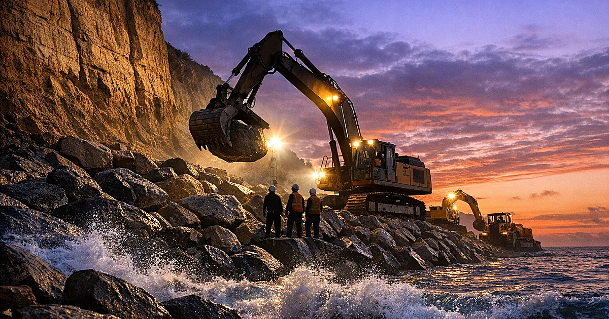 Construction equipment positioning large boulders along eroding coastal bluff at dusk with ocean waves in foreground