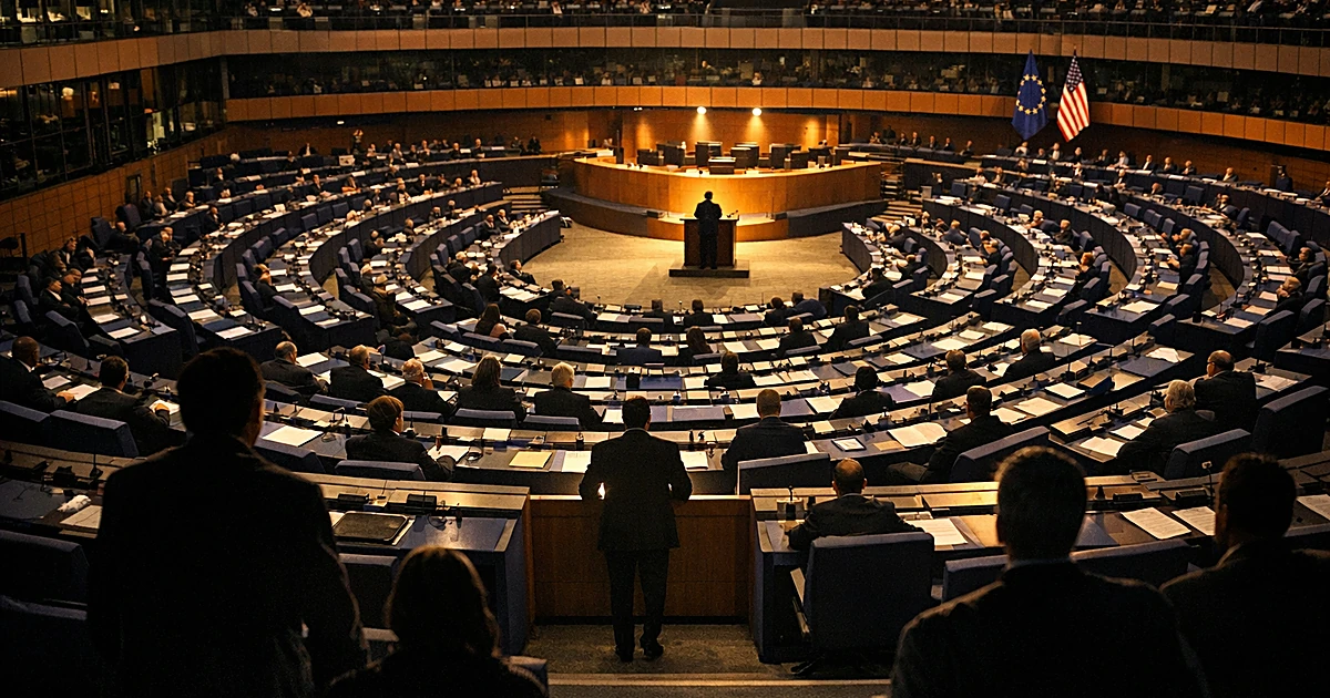 Empty European Parliament chamber with curved rows of blue seats under dramatic lighting in Strasbourg