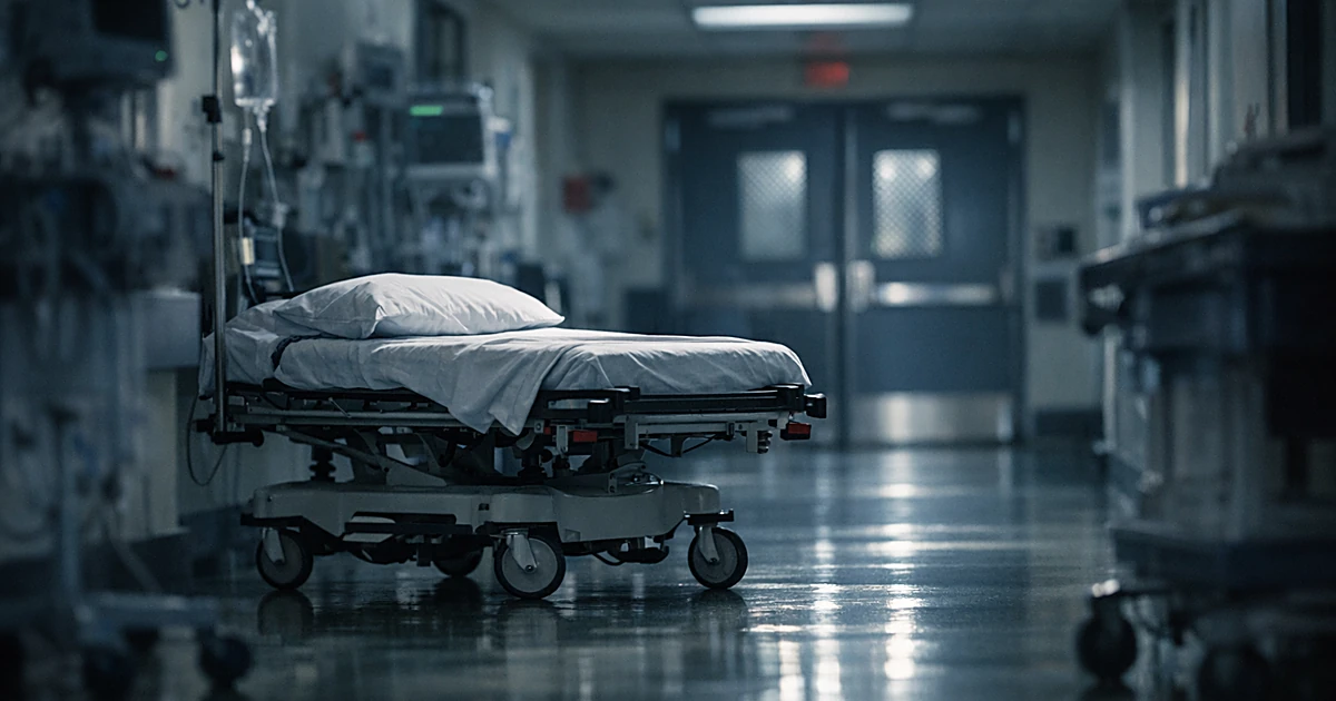 Empty hospital gurney in dimly lit corridor with fluorescent lighting and medical equipment in background