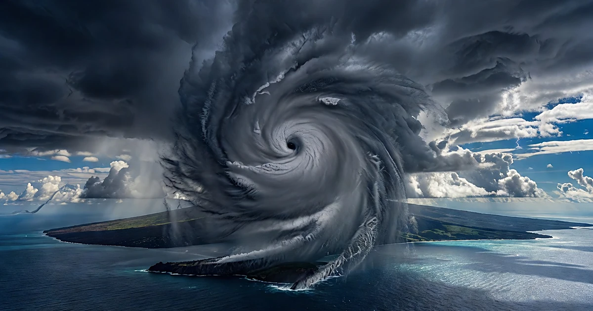 Aerial view of large hurricane system with defined eye over Pacific ocean near tropical island coastline