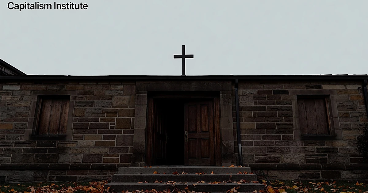 Empty church entrance with open doors revealing darkness, stone facade and cross silhouetted against overcast sky