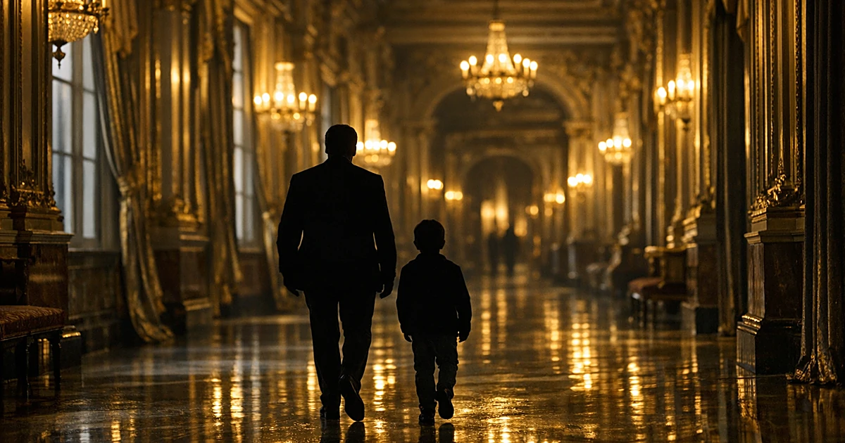 Ornate palace corridor at dusk with two distant silhouettes walking away through empty gilded hallway