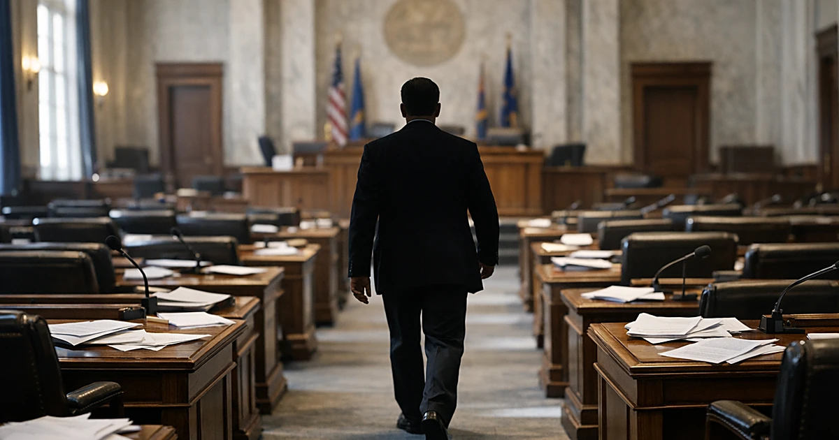 Silhouetted figure walking through empty legislative chamber toward podium with scattered papers on desks