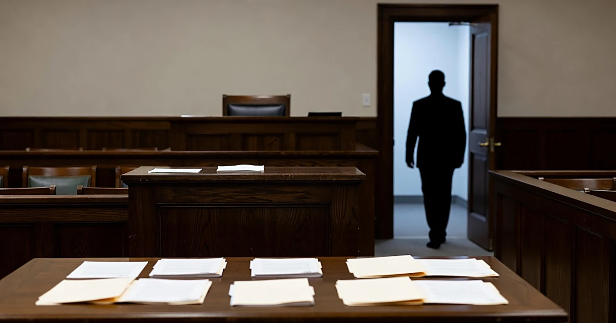 Empty courtroom with silhouetted figure walking toward exit, scattered documents on table in foreground
