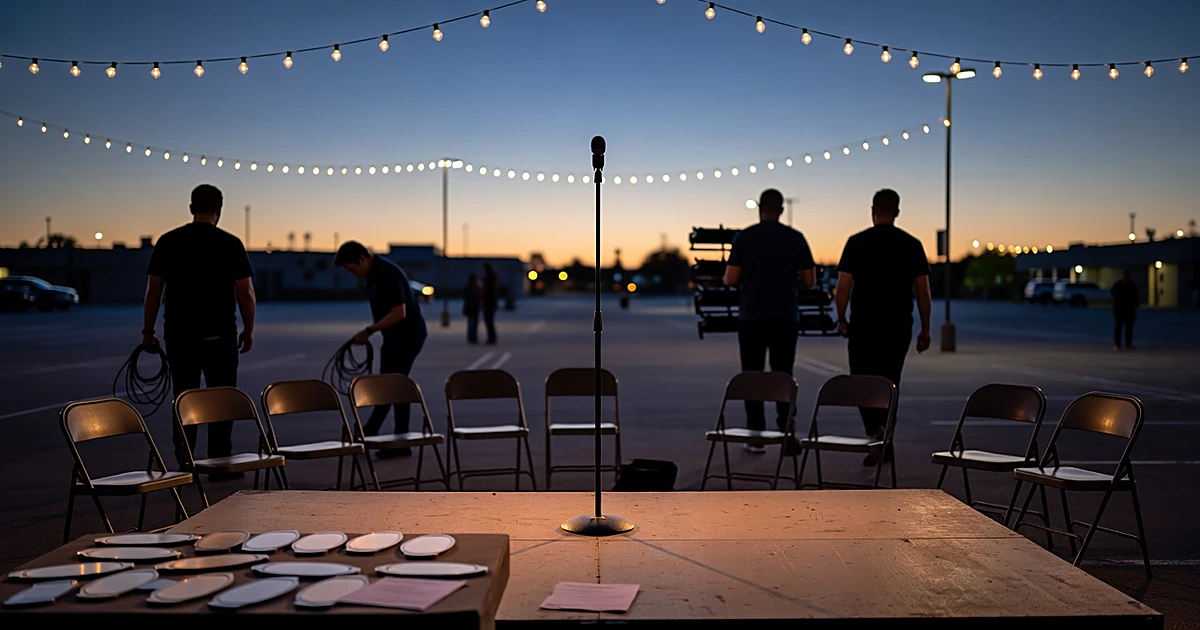Empty outdoor charity event stage with microphone stand and award plaques at dusk with string lights overhead