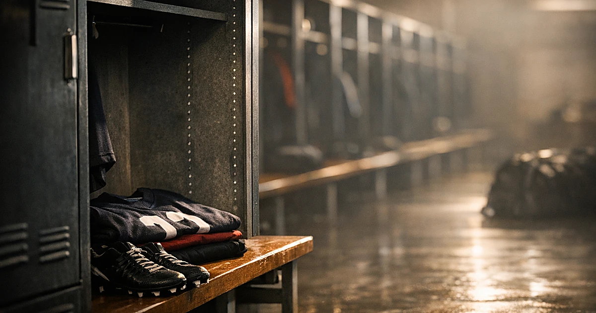 Empty NFL locker room with unused football gear in open locker, dramatic window lighting casting shadows