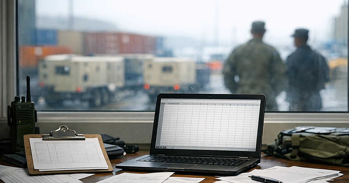 Military desk with laptop showing spreadsheet and inventory forms at a logistics facility overlooking a pier
