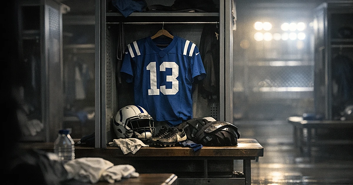 Empty sports locker room at night with open locker and scattered gear on bench, stadium lights visible in background