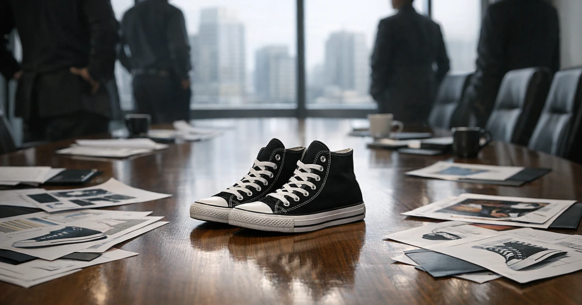 Corporate boardroom table with sneakers and scattered marketing materials, silhouetted executives standing around perimeter