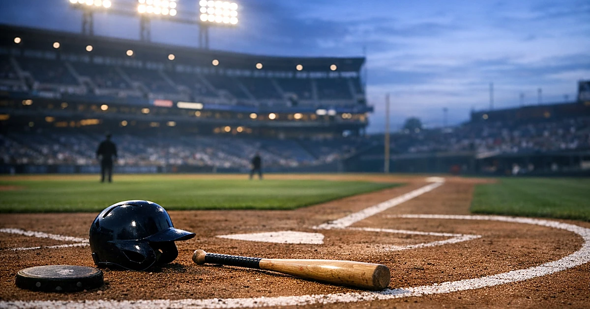 Empty baseball infield at dusk with abandoned equipment near third base under stadium lights